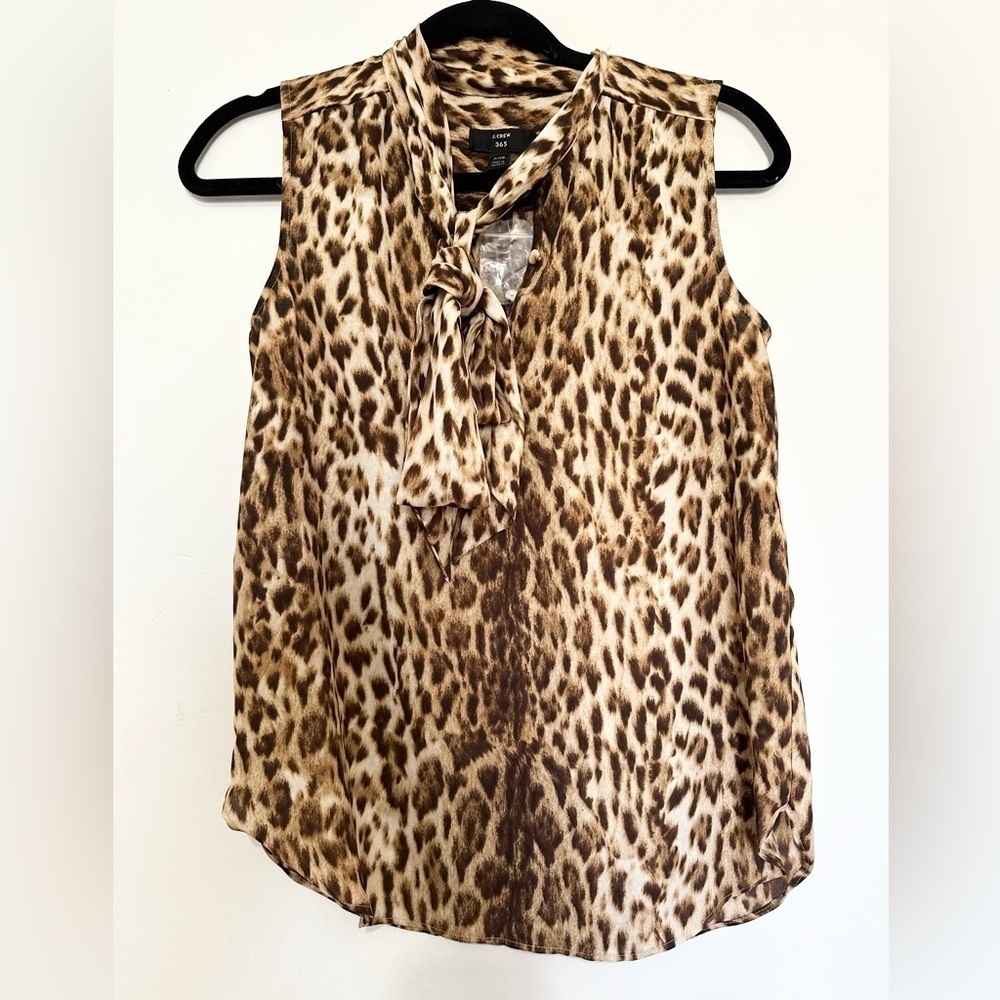 J Crew Tie Neck Top Womens XXS Animal Print Sleeveless Drapey Chiffon